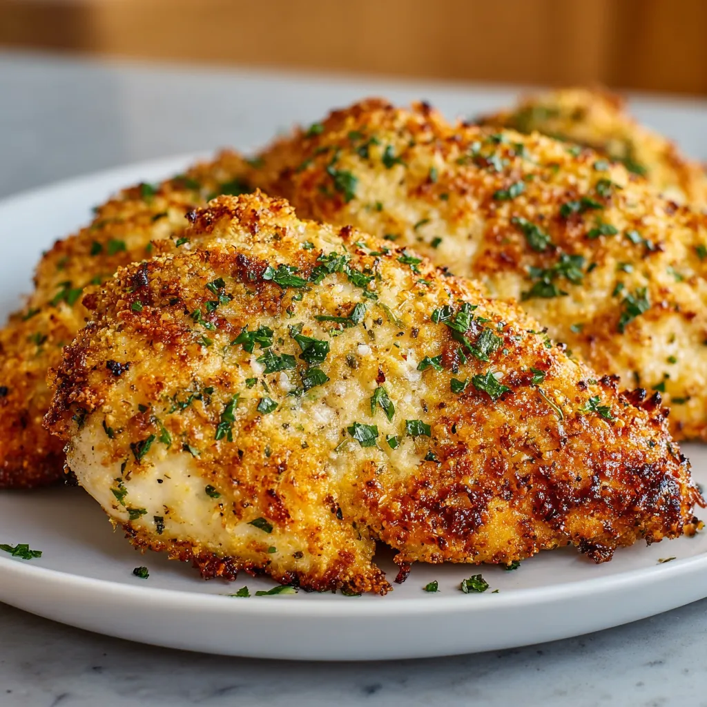 Crispy garlic parmesan air fryer chicken is shown as a close-up second content image, highlighting its golden-brown crust and flavorful seasoning.