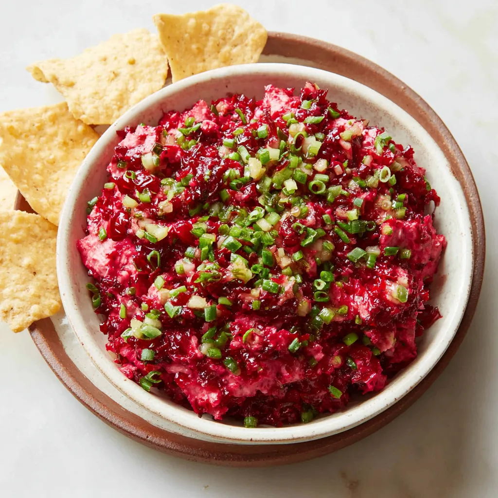 Cranberry jalapeno dip in a serving bowl, highlighting this easy holiday appetizer recipe.