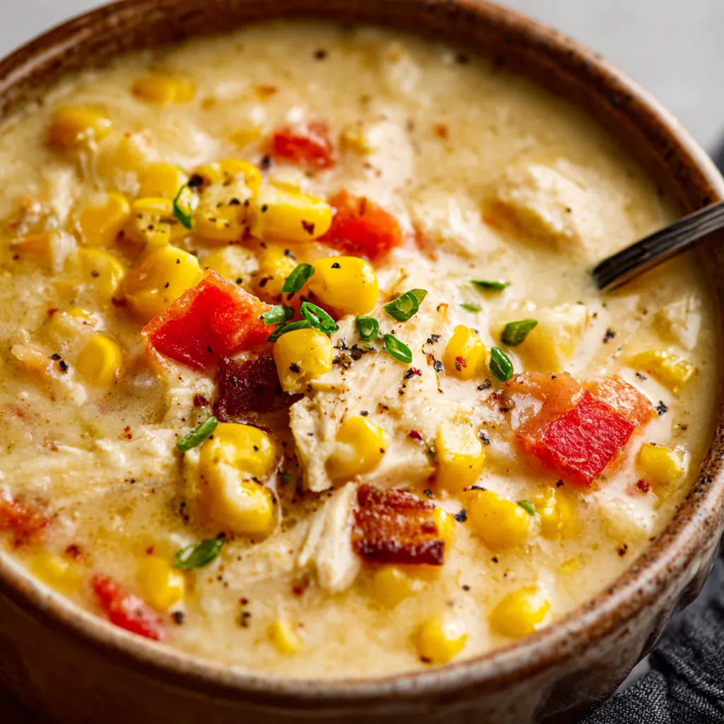 Creamy Crockpot Chicken Corn Chowder is shown in a second image, further illustrating the recipe.