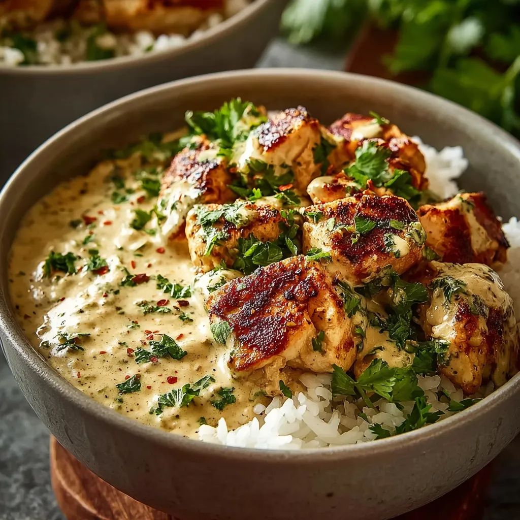 Creamy Garlic Chicken Bowls offer an irresistible and easy dinner option, showcased in this appetizing image.