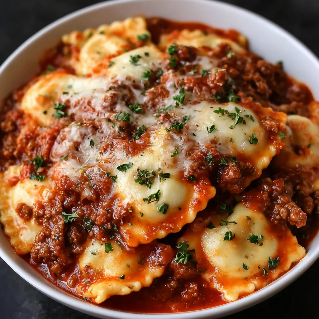 Easy crockpot ravioli lasagna second content image shows a close-up of the cheesy, saucy, and delicious finished dish, highlighting the simple layers and bubbly texture for a quick and easy weeknight meal.
