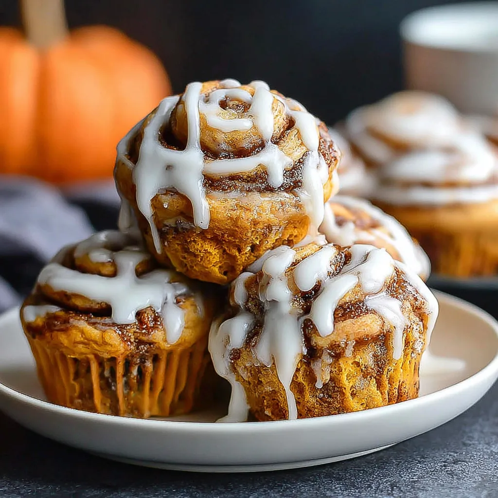 Fluffy pumpkin cinnamon roll muffins are displayed, highlighting their deliciousness and texture.