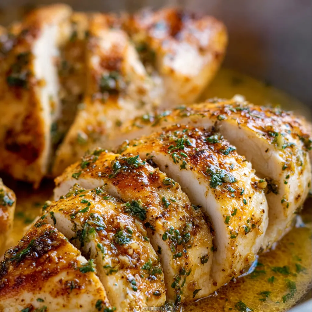 Juicy baked chicken breast glistening with garlic butter sauce showcases the delicious main ingredient of this recipe.