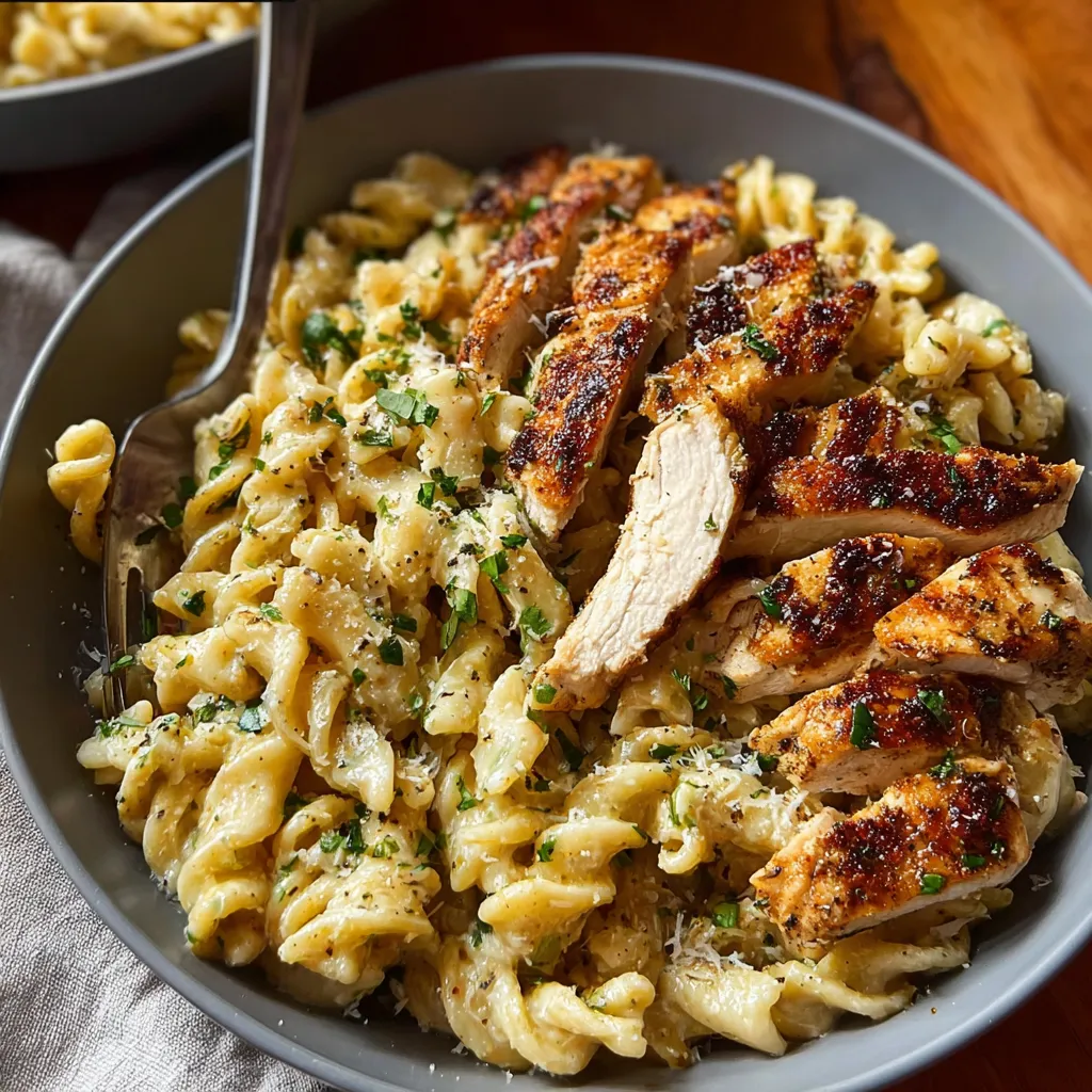 Close-up of a creamy, golden-brown garlic parmesan chicken and pasta bake, showcasing the melted cheese and perfectly cooked chicken pieces.