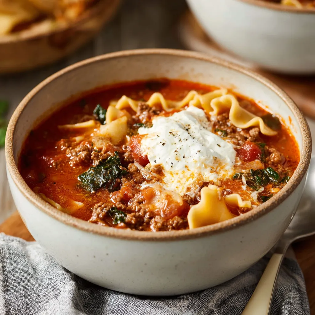 Close-up view of easy gluten-free lasagna soup with visible lasagna noodles, vegetables, and a rich tomato broth, showcasing the delicious and comforting qualities of the recipe.