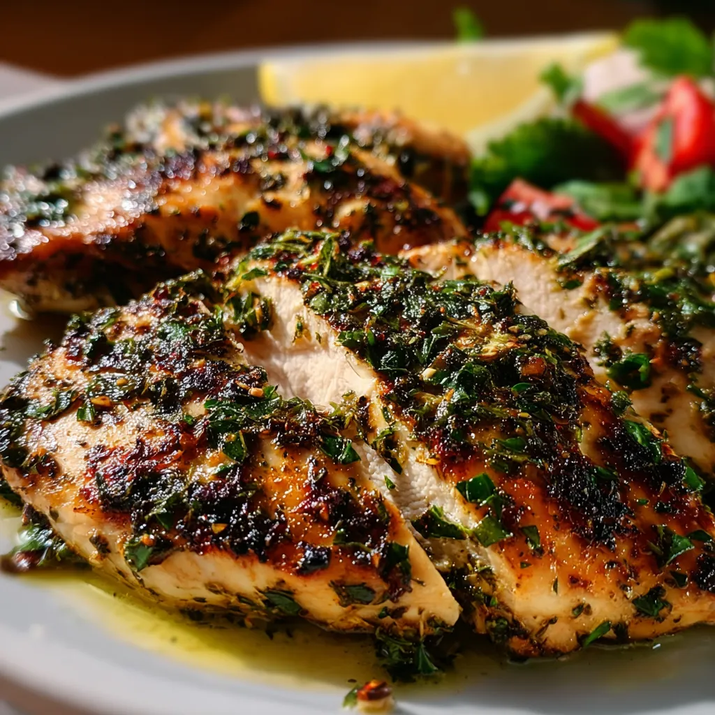 Mouthwatering Mediterranean herb crusted grilled chicken glistens after being cooked to perfection.