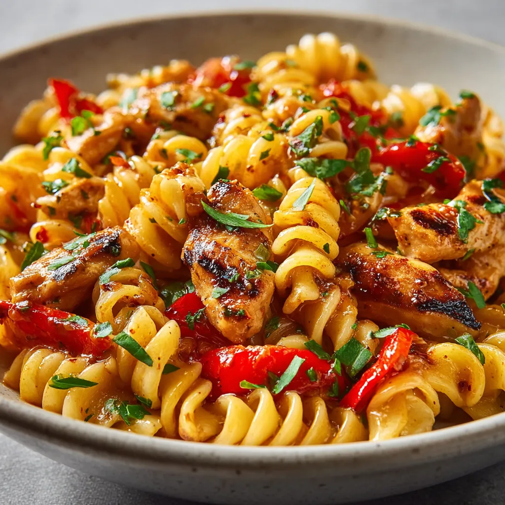 Easy honey pepper chicken pasta recipe shown cooked and ready to eat in a serving bowl.