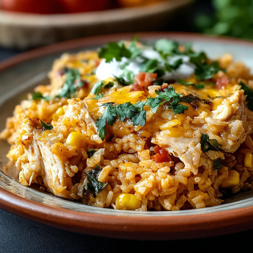 Close-up view of a bubbly, golden-brown Mexican chicken cheese rice casserole fresh out of the oven, showcasing its cheesy topping and delicious layers.