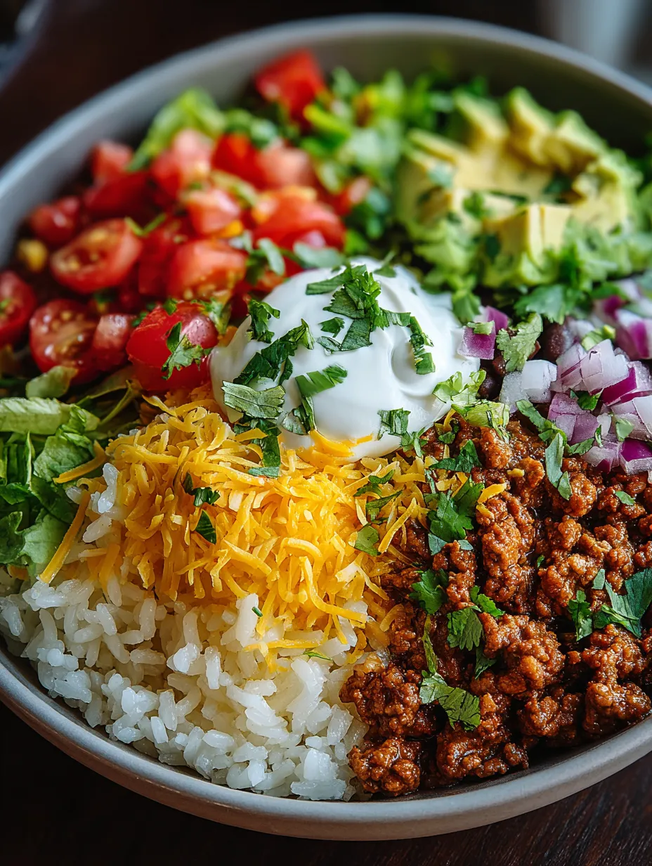 Easy taco rice bowl recipe second content image showcasing the colorful and delicious ingredients in a quick healthy dinner.