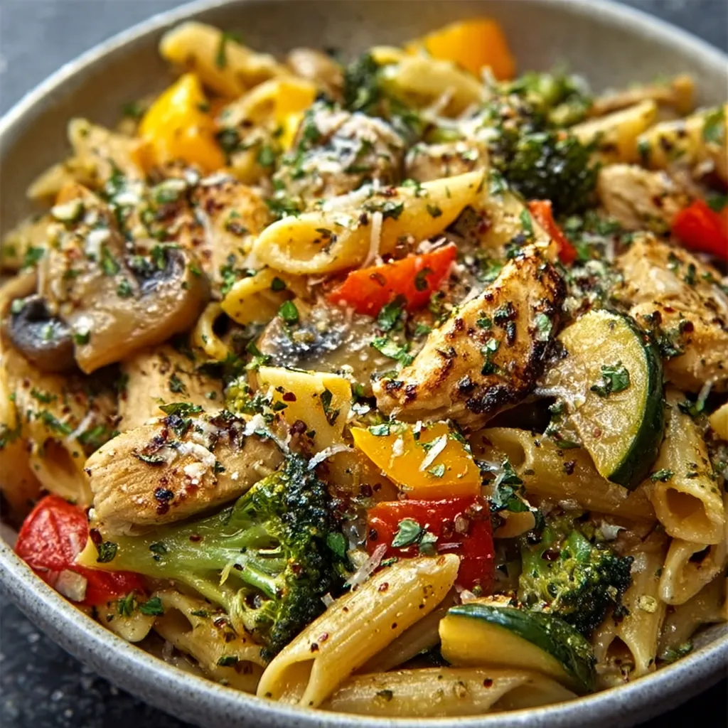 Close-up view of colorful and healthy Chicken Pasta Primavera, showcasing the fresh vegetables and tender chicken in a light sauce, perfect for an easy weeknight meal.