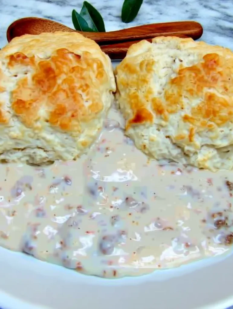 Serving platter of biscuits with sausage gravy and coffee