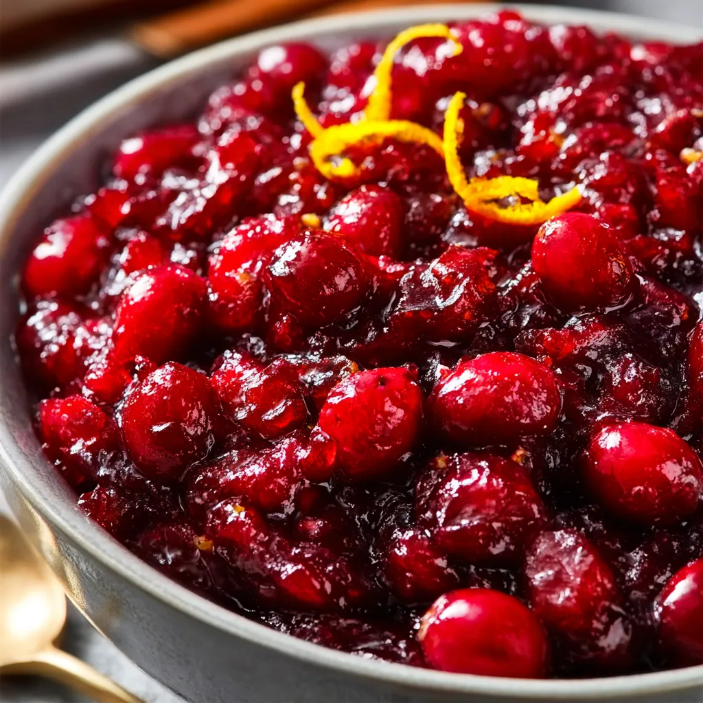 Honey bourbon cranberry sauce in a glass bowl showcases a festive holiday side dish perfect for Thanksgiving or Christmas.